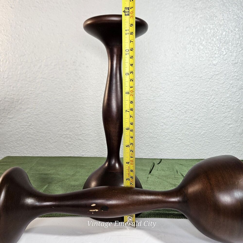 Vtg Tall Candle Holders Turned Dark Wood Set of 2 Felted Base Bohemia Candelabra - Picture 9 of 12
